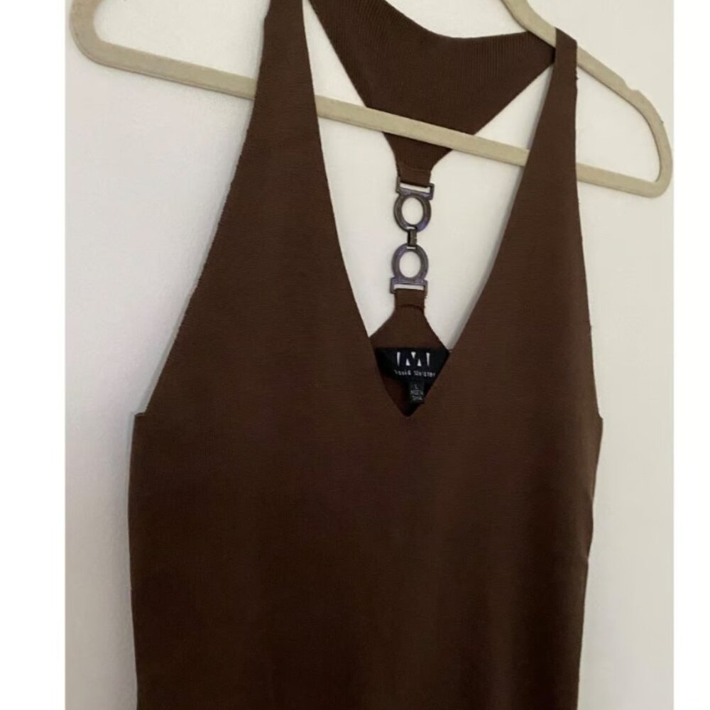 David Meister Metal Silk Blend Brown Knit Halter V-Neck Top Sz L